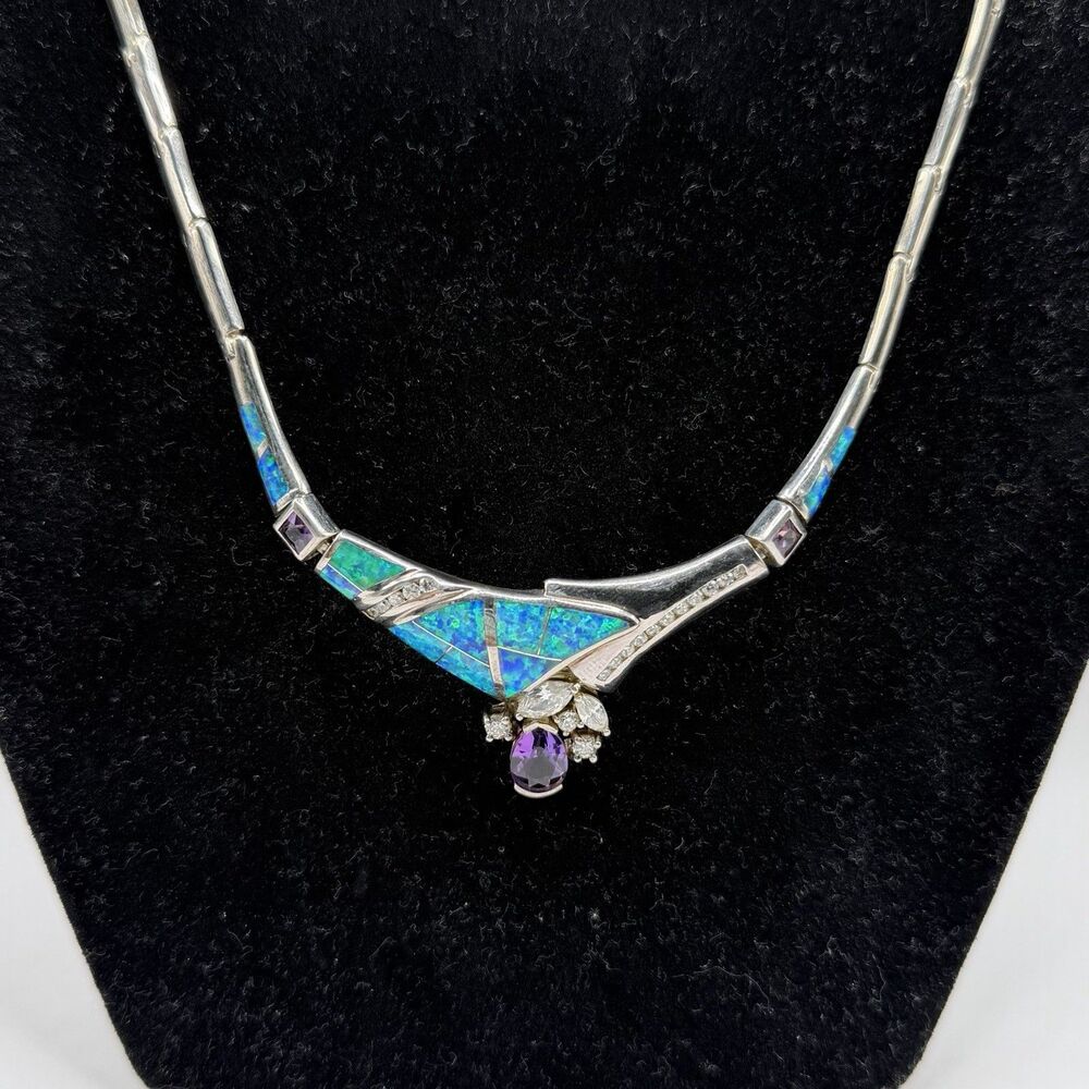 925 Sterling Silver Blue Opal Inlay Purple Stone Statement Necklace